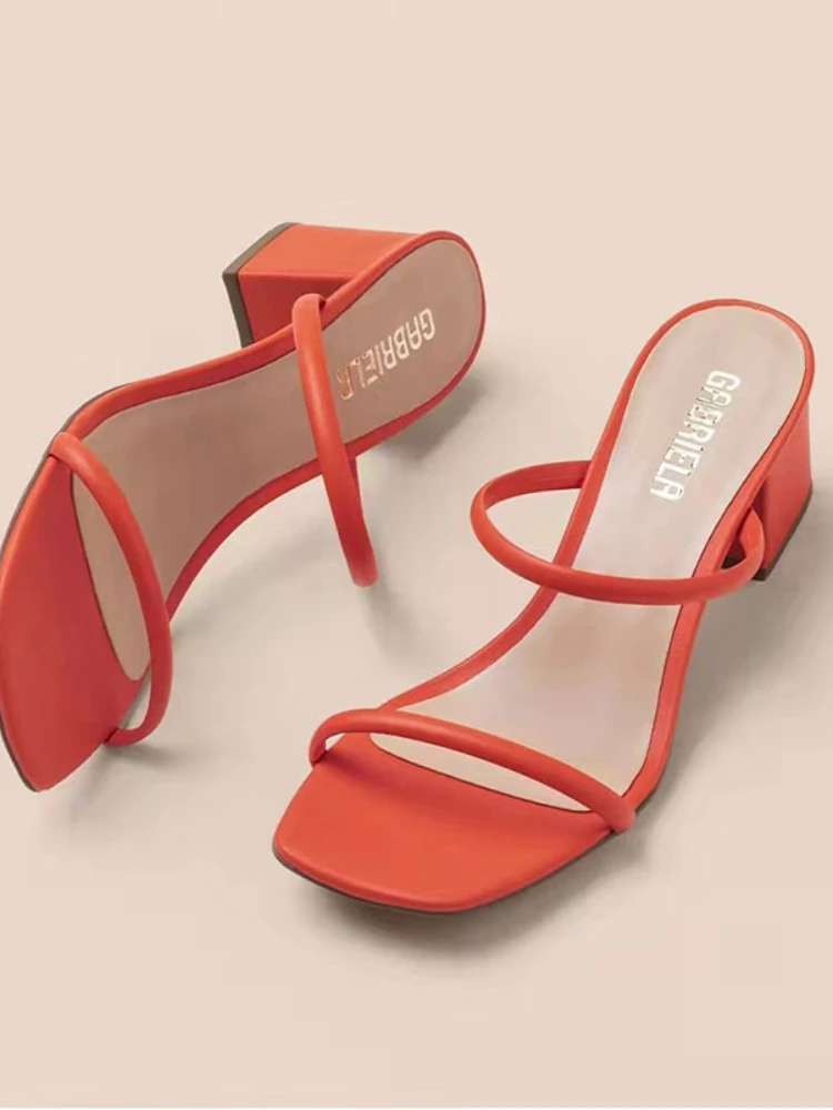 2023 Summer Peep Toe Women Slippers Fashion Solid Color Outdoor Square Heels Sandals Sexy Beach Slides Pumps Sandalias De Mujer