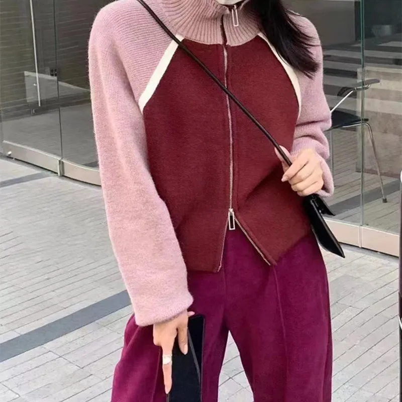 

Autumn Winter Turtleneck Patchwork Grunge Knitted Sweaters Contrast Color Loose Coats Fashion Y2k Double Zipper Women Cardigans