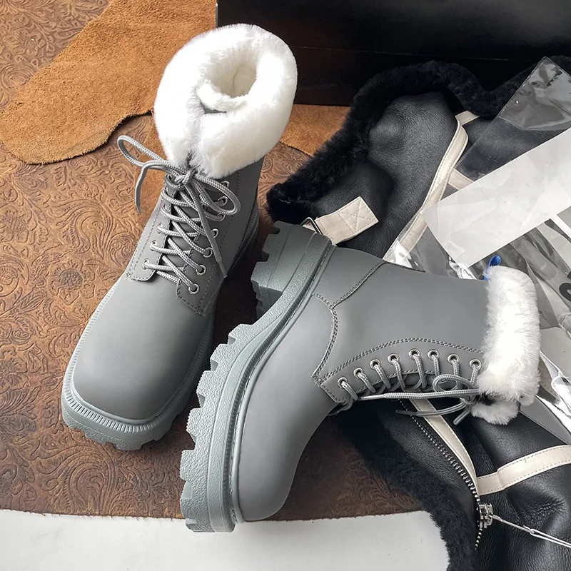 

Winter Warm Fur Boots Cow Leather Women Ankle Boots Chunky Heels Motorcycle Boots for Women Fashion Snow Boots Platform Shoes