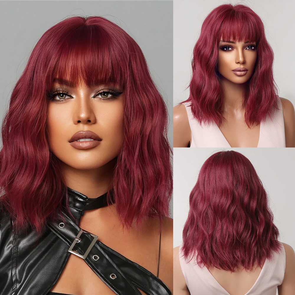 

Medium Length Curly Wigs With Bangs Wine Red Synthetic Bob Hair Wig for Black Women Afro Natural Heat Resistant Cosplay Wigs