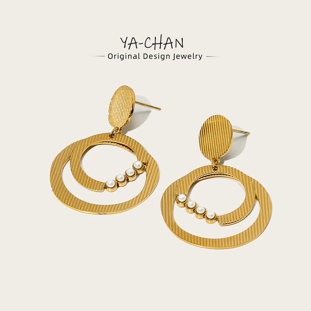 

YACHAN 18K Gold Plated Stainless Steel Drop Earrings for Women Striped Metal Texture Inlaid With Pearls Charm Luxury Jewelry