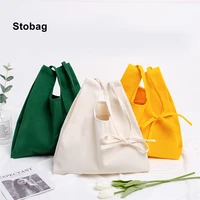 stobag 1pcs womens shoulder eco friendly shopping cotton canvas bag vest lady color reusable handbag girl portable print logo