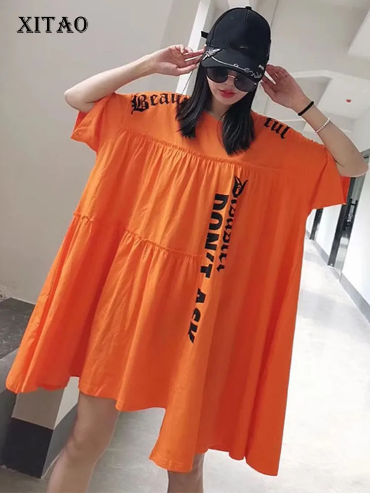 

XITAO Irregular Letter Pleated T Shirt Women Clothes 2020 Summer New Fashion Loose Pullover Match All Long Tee DMY4122