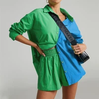 women tracksuit 2022 cotton shirt shorts 2 piece set green long sleeve top wide leg shorts suit female summer fashion ol shirts