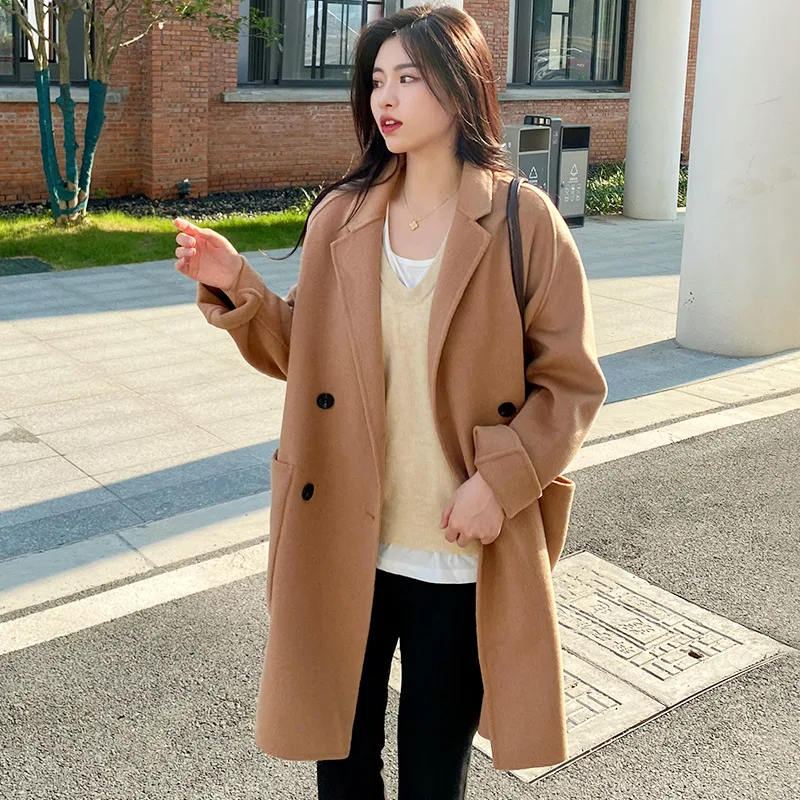 Double Faced Wool Coat Women's Medium Length 2022 New Korean Max Coat Loose Hepburn Wool Coat