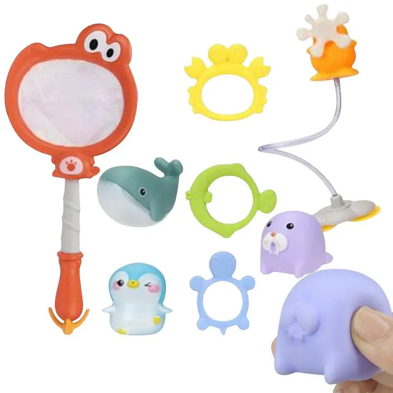 

Kids Bath Toys | 4 in 1 Squirting Fishing Toys with Dinosaur Net | Bathtub Shower Game with Marine Animals Toddlers Swimming Poo