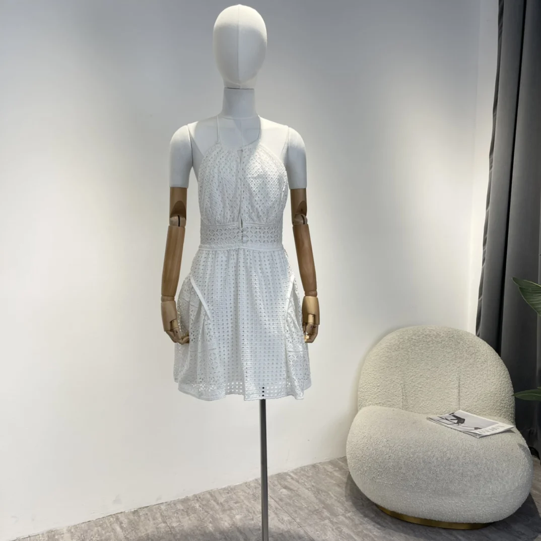 

2023 Blue Sleeveless Chiffon Hollow Slim A-line Cotton Mini Dress New Arrivals Temperament Summer Clothing for Fashion Women