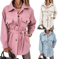 solid color wool overcoat belt coat women long sleeve button fleece loose casual mid length female autumn winter fashion tops