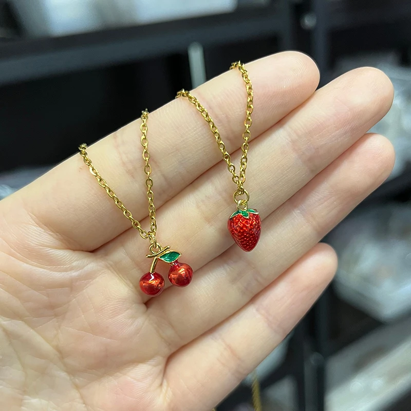 Cute Cherry Fruit Necklace Apple Orange Durian Mango Pomegranate Pitaya Watermelon Grape Strawberry Necklace For Women Jewelry