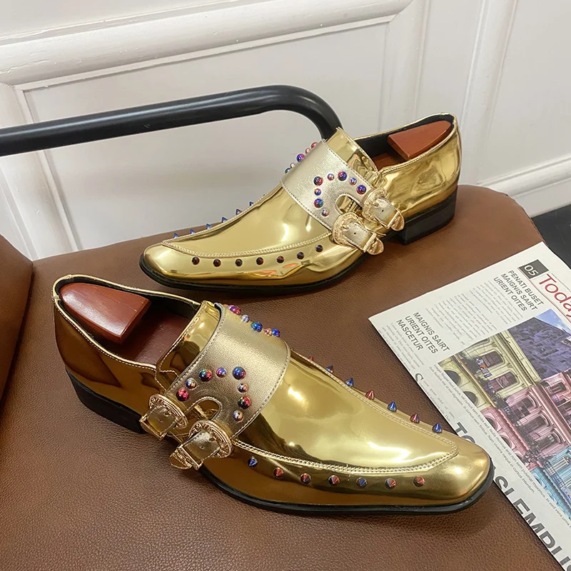 

New Gold Double Buckle Wedding Men Shoes Loafers Rivet Breathable Fashion Handmade Men's Business Shoes Free Shipping Size 35-46