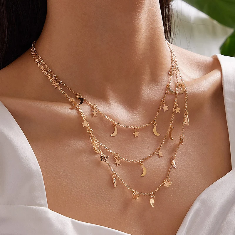 

Женское многослойное ожерелье с подвеской в виде звезды и Луны