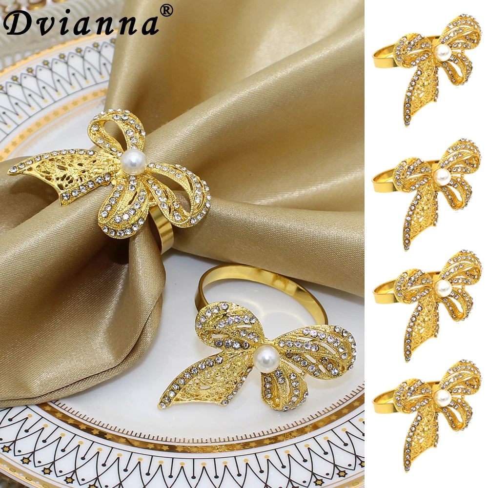 

6Pcs Rhinestone Napkin Rings Gold Silver Bowknot Napkin Buckles for Table Decorations Wedding Dinner Party Supplies HWD02