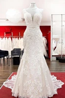 new arrival bridal gowns sheer long sleeveless v neck embellished lace embroidered romantic princess wedding dress