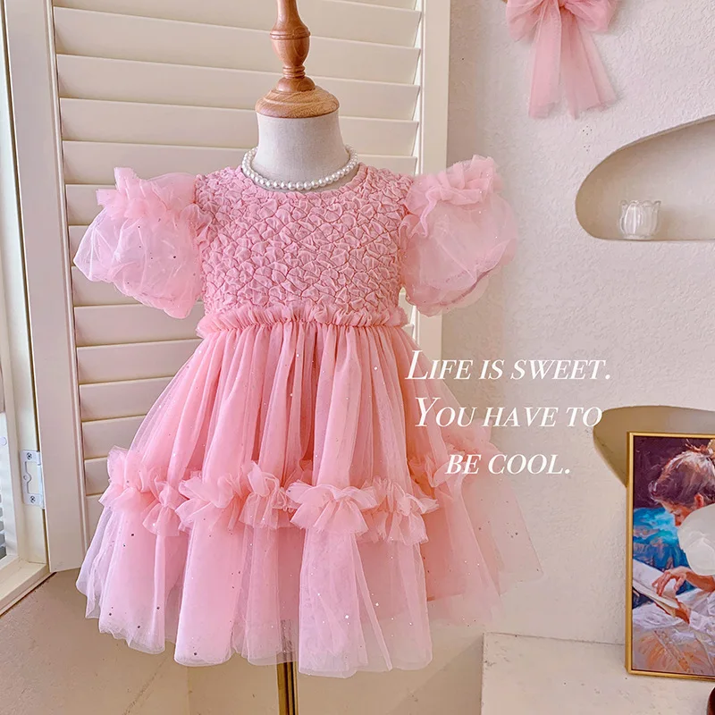 

Children's Clothing Dress Girls' Puff Sleeve Puffy Tulle Skirt 2023 Summer New Shu Sweet Baby Princess Dress