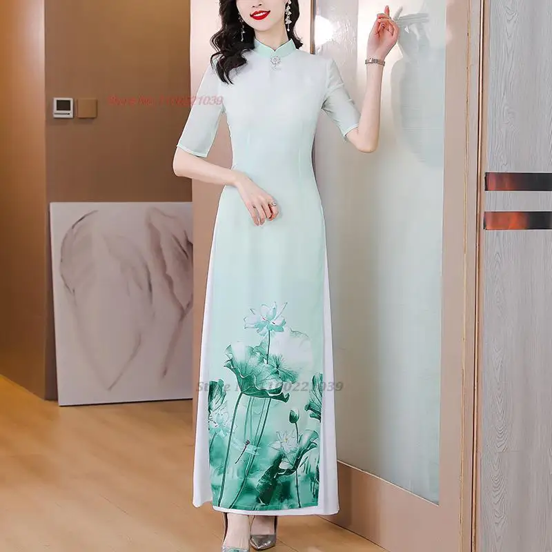 

2023 woman aodai vietnam traditional dress zen suit vintage dress women flower print improved cheongsam oriental ethnic dress