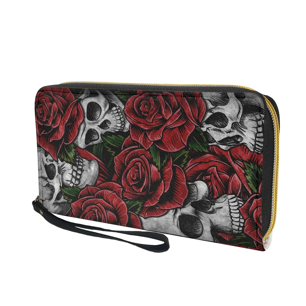 Women Muilt-function Card Bags Clutch Wallets Skull Rose Print Long Leather Mini Fun Purse Card carteras para mujer