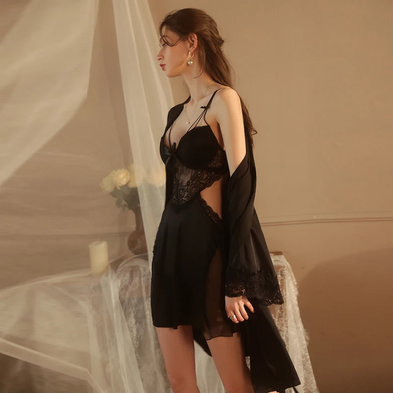 Women Pajamas Sexy Chest Pad Underwire Gathered Lace Backless Sling Nightdress Women's Pajamas Sexy Dress Sleepwear Nightgown