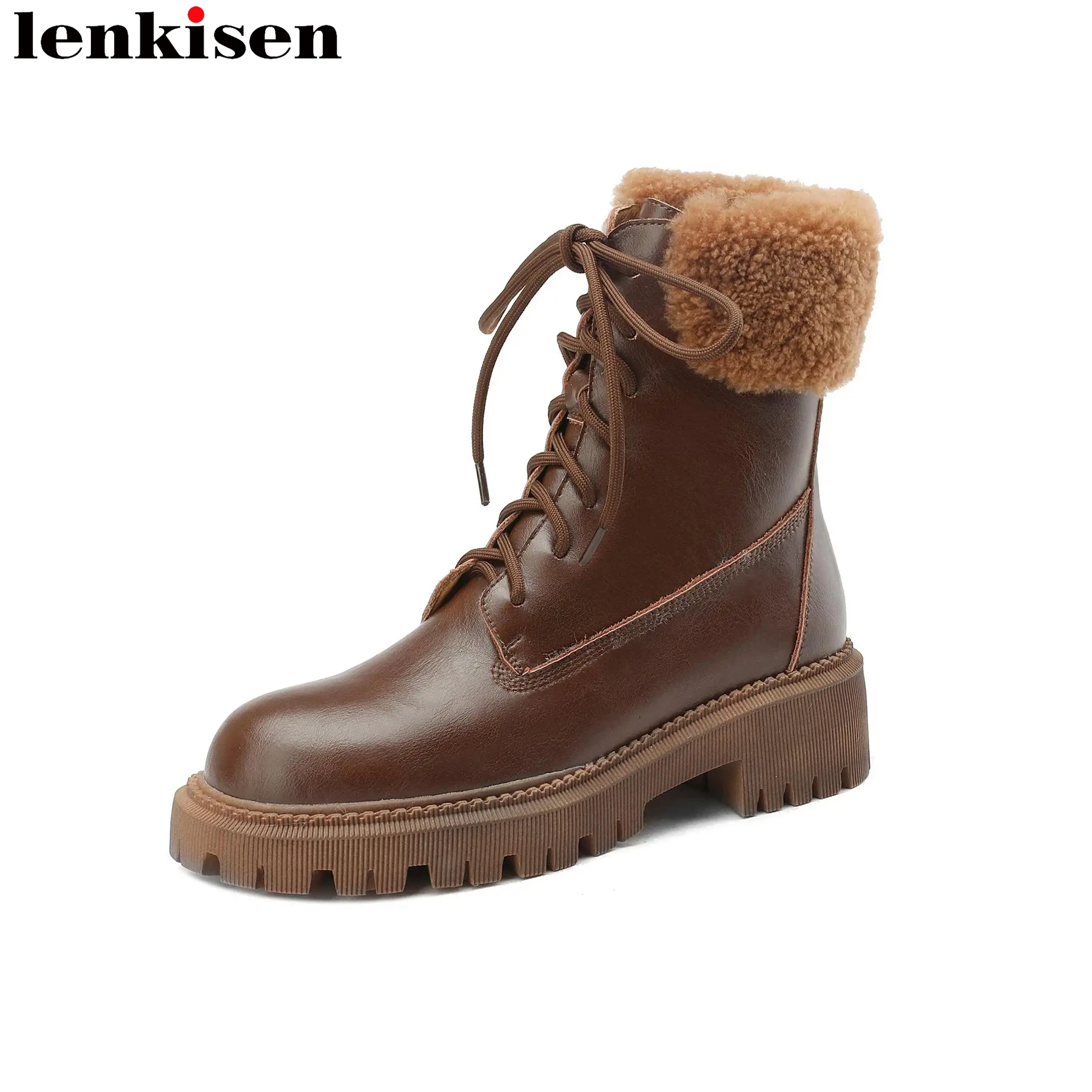 

Lenkisen Keep Warm Wool Cow Leather Round Toe Med Heels Snow Boots Vintage Fur Cross-tied Casual Ins Winter Platform Ankle Boots