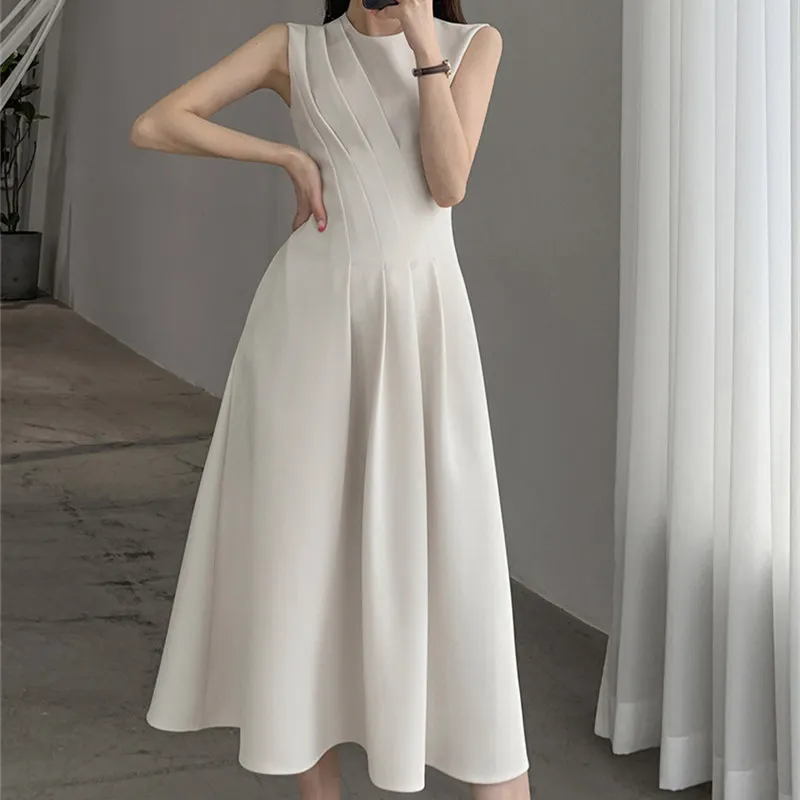 

2022 New Spring Summer O Neck Solid Color Sleeveless Chic Dress For Women's French Waist Show Thin Temperament Goddess Fan Dress