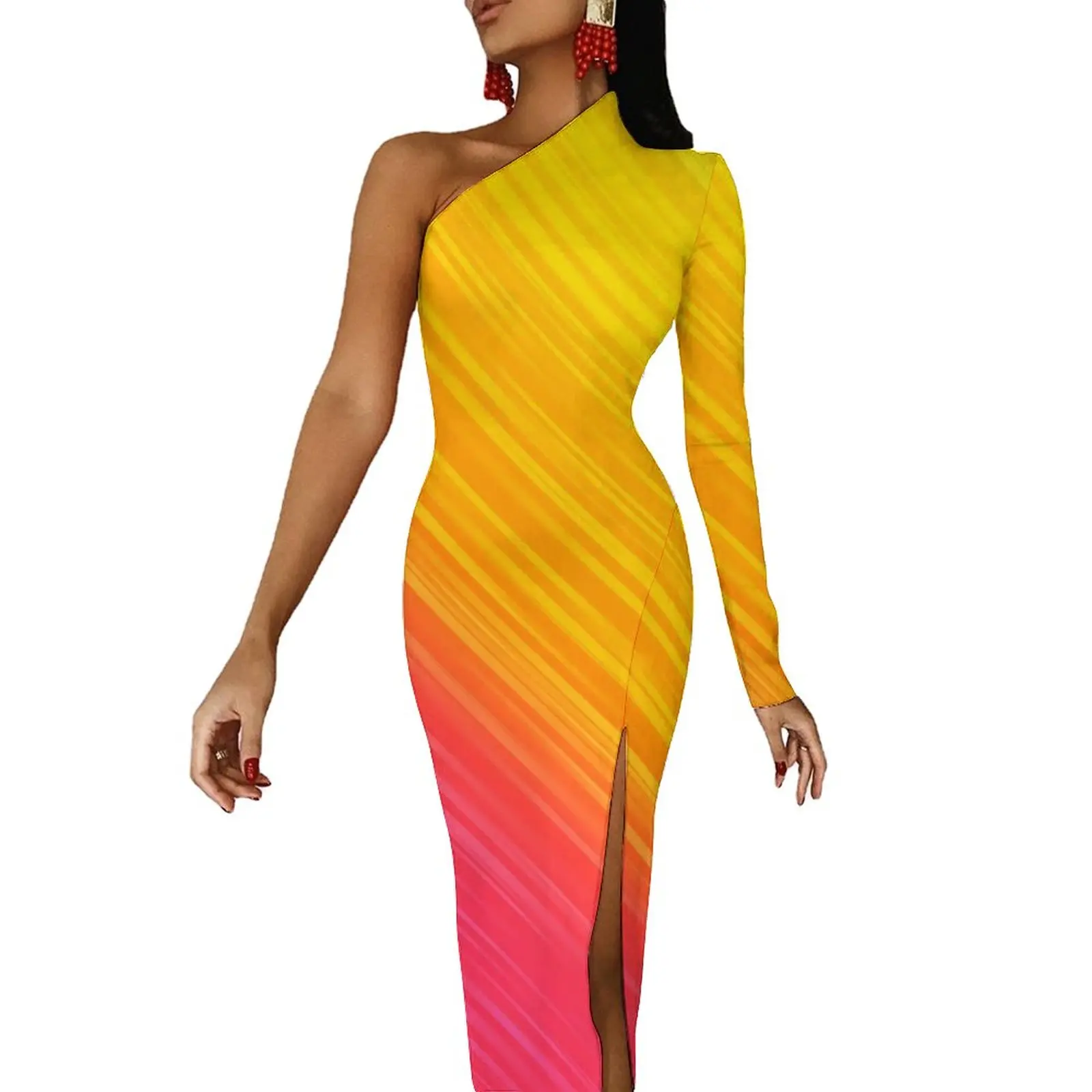 

Rainbow Striped Bodycon Dress Female Colorful Print Sexy Maxi Dress One Shoulder Party Design Dresses Birthday Gift