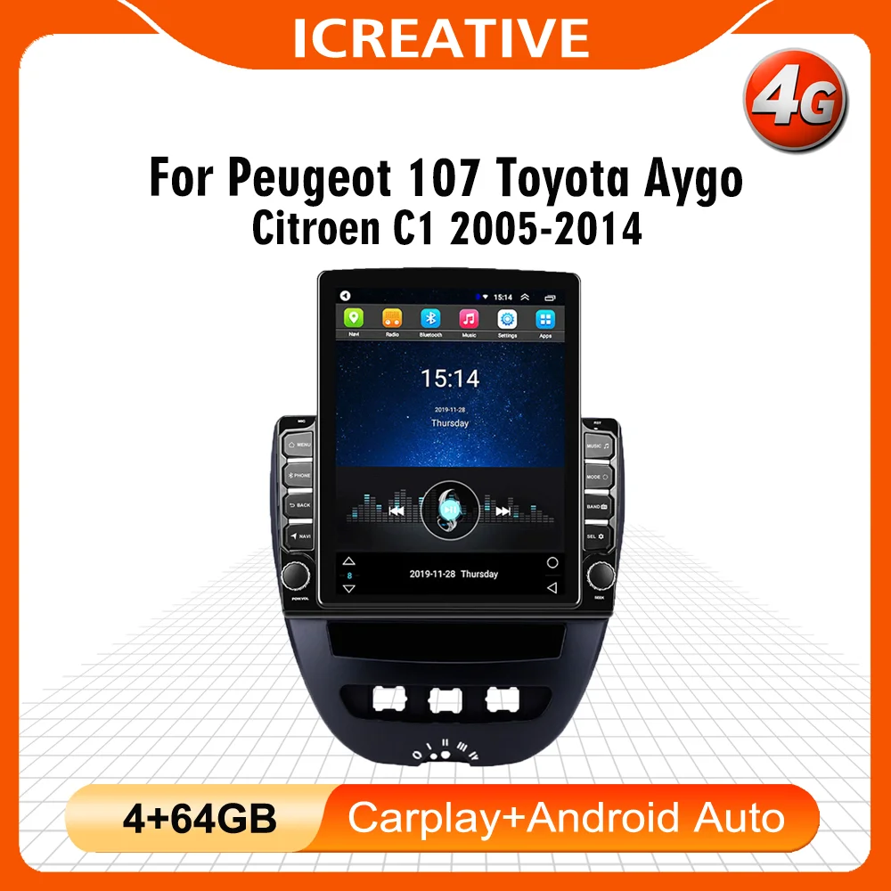 

For Peugeot 107 Toyota Aygo Citroen C1 2005-2014 9.7" 4G Carplay Android 2dinTesla screen Car Radio Multimedia Player Navigation