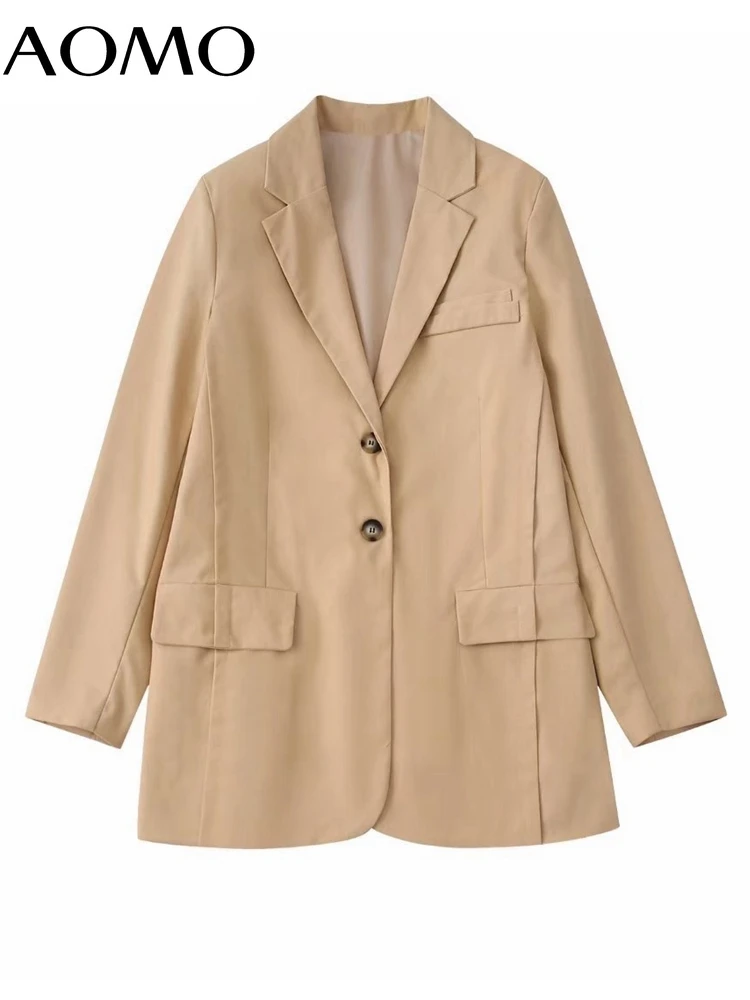 

AOMO Women 2022 Khaki Blazer Coat Vintage Long Sleeve Female Outerwear Chic Tops BE175A