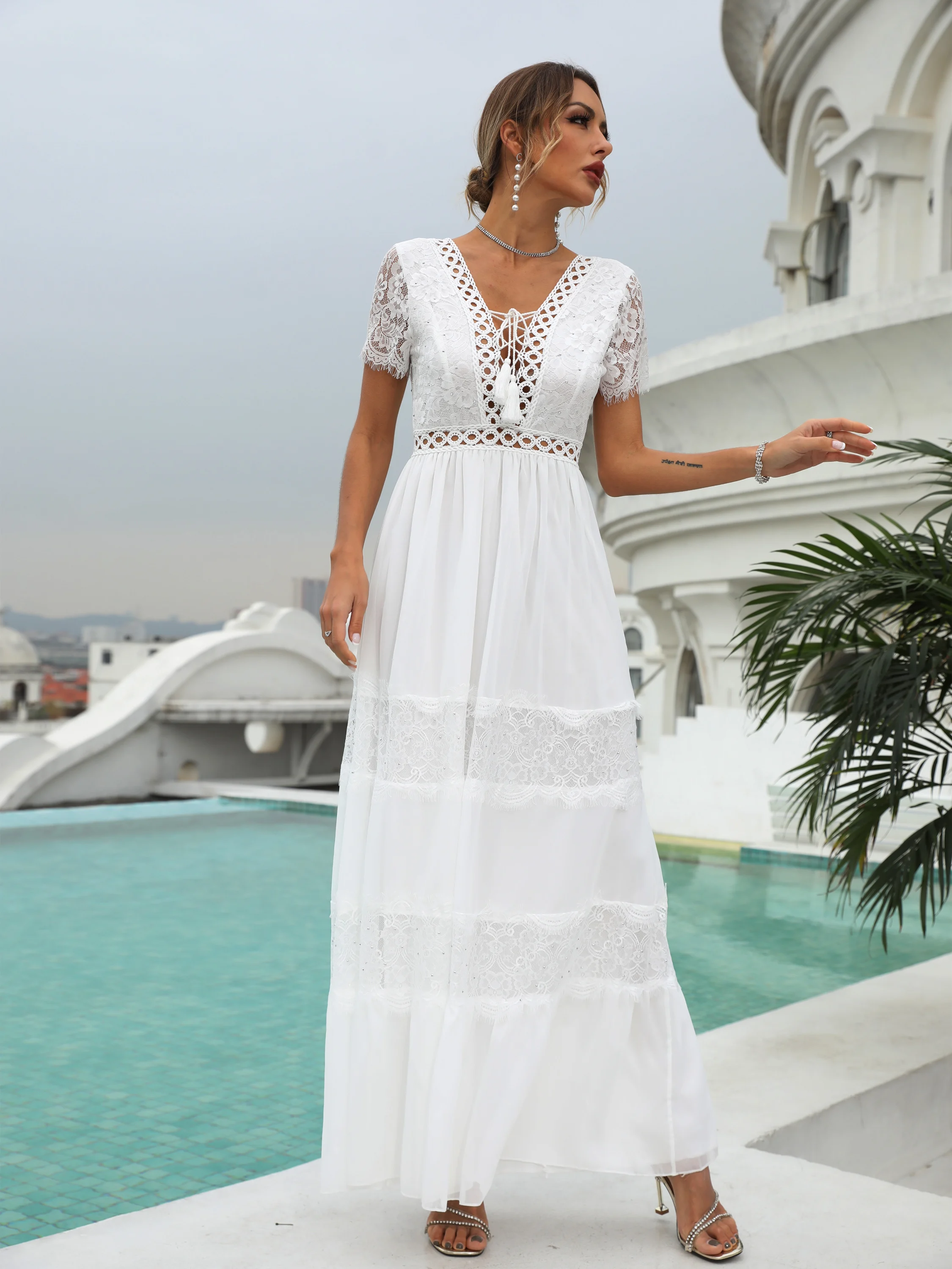 

Boho Evening Gowns For Women White Lace Plus Size long Tunic Beach Dress Vacation Holiday Women Clothing Princess Dress