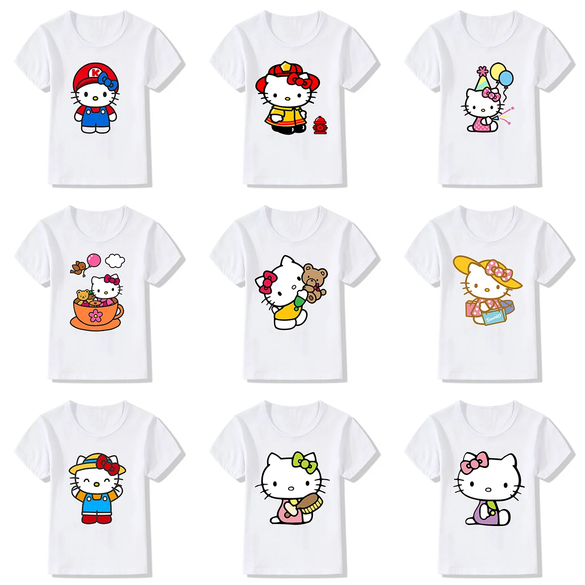 

Hello Kitty Children T Shirt Fashion Kawaii Bow Casual Clothes Short Sleeve Harajuku Cartoons Cat Tees Kid Girls Boys T-shirts