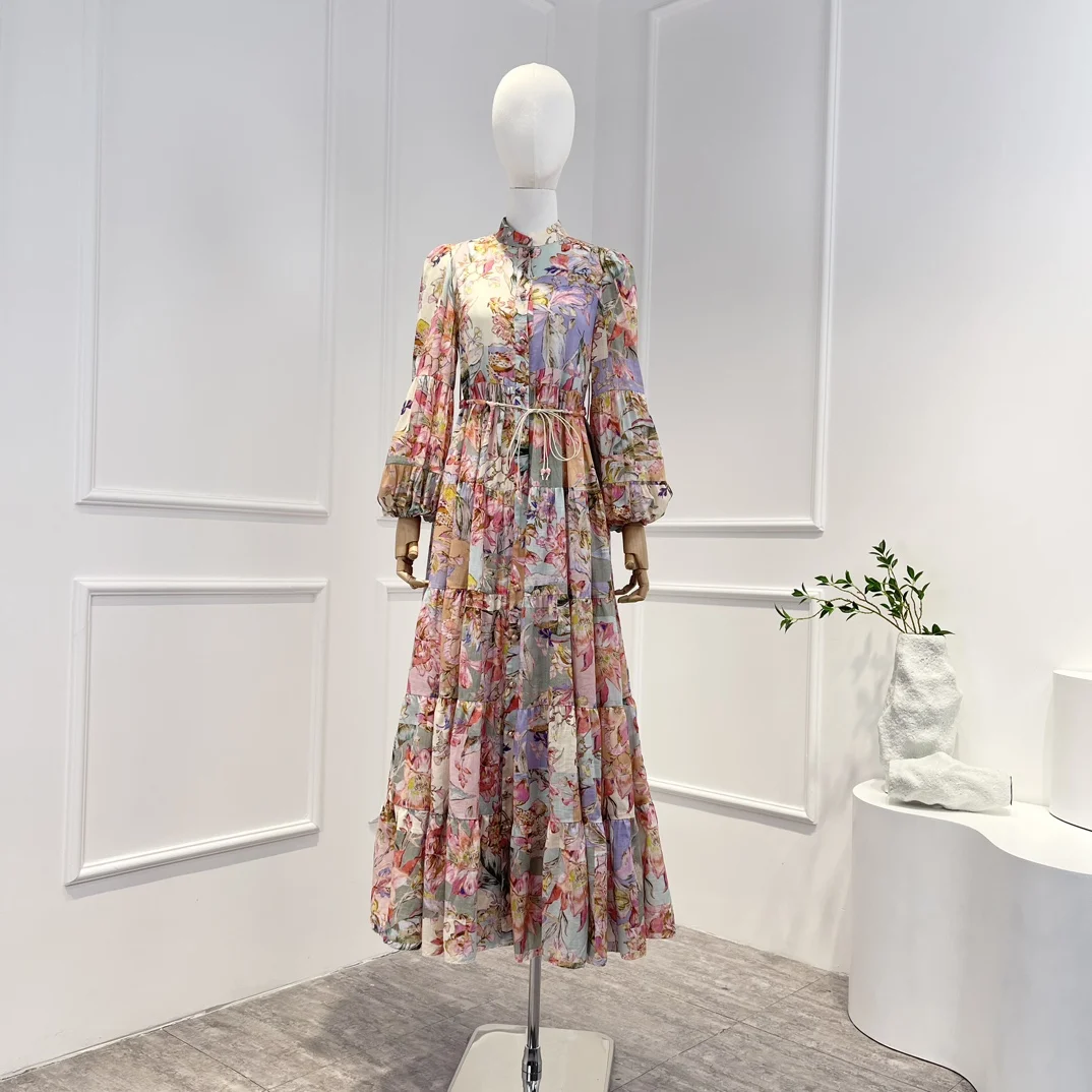 

Женское платье-миди с цветочным принтом, платье в пляжном стиле с бусинами, со шнуровкой и пышными рукавами, весна-лето 2023