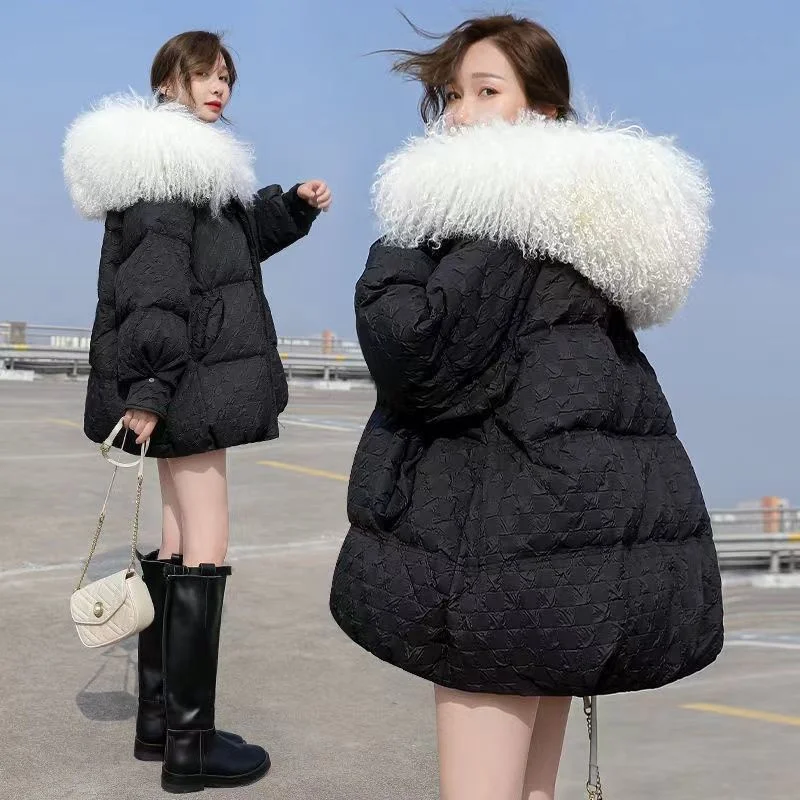 Large Fur Collar Thin Down Jacket for Women Hooded Oversize Demi-season Female Winter 2023 Quilted Coat Spring Parka Fluffy New enlarge