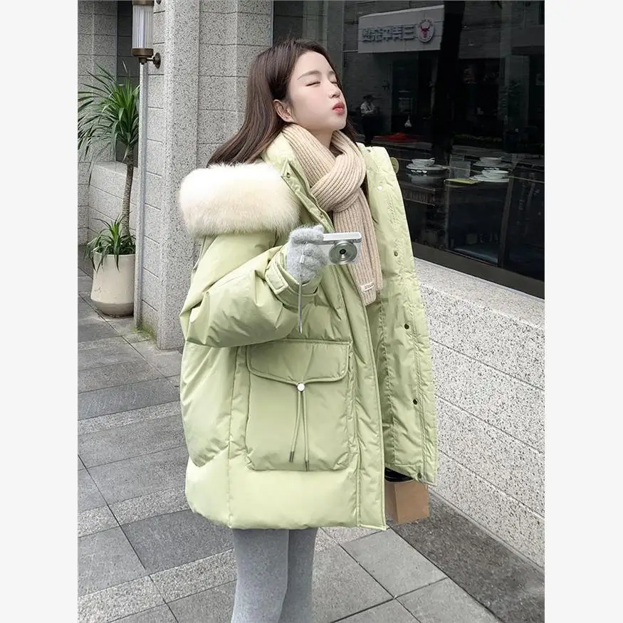 Белый утиный пуховик с капюшоном зима 2023 новый женский корейский средней длины