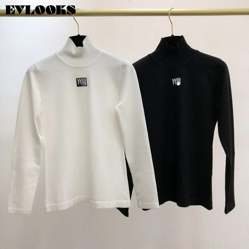 

EVLOOKS Women Black Letter Basic T-shirt New Turtleneck Long Sleeve High Quality 2022 New AW Fashion Tide Autumn Winter L103