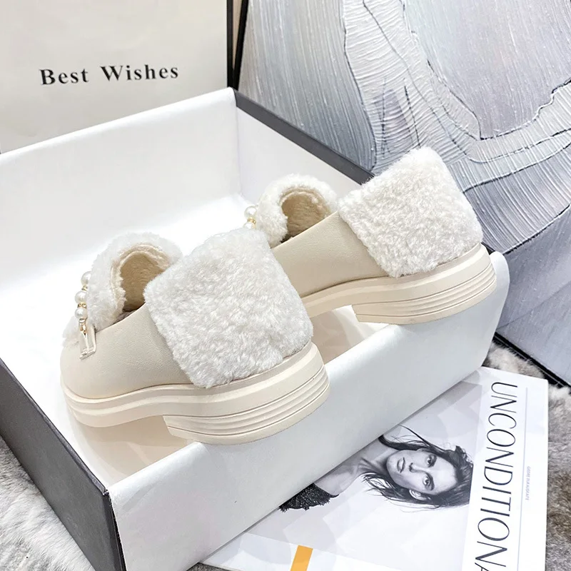 Fashion Pearl Design loafers Women Winter Platform Shoes Plush Shoes Women Outdoor Faux Fur Warm Cotton Shoes Large Women Shoes