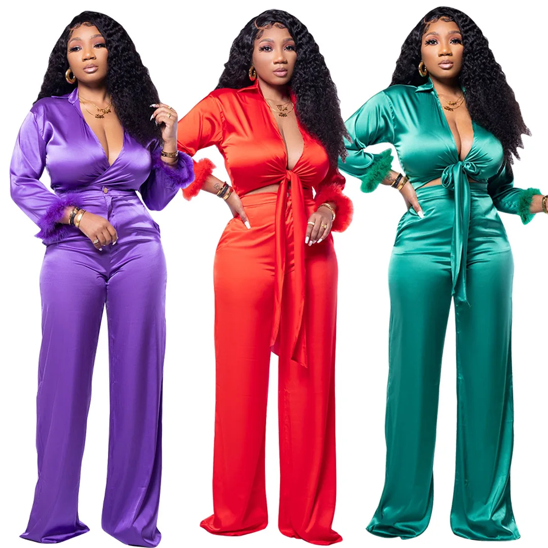 Elegant Satin Solid 2 Piece Set Women Sexy V Neck Bandage Furry Long Sleeve Crop Top + Wide Leg Pants Club Outfits Matching Sets