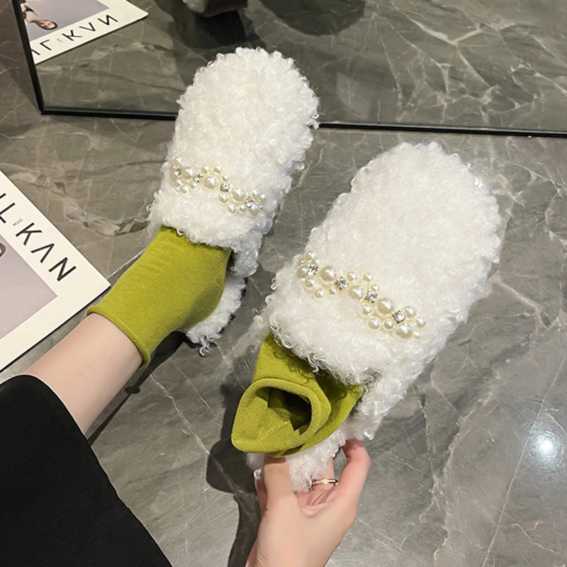 

Shoes Slippers Casual Loafers Mules For Women 2022 Low Cover Toe String Bead Fur Flip Flops Slides Flock Luxury Flat Plush Rubbe