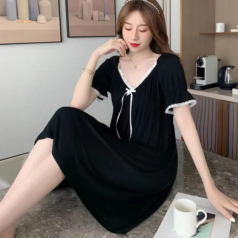 

Women Sleep Dress Silk Loungewear Soft Short Sleeve Nightgowns Casual Home Dressing Nighties Nightdress Summer Luxury Sleepshirt
