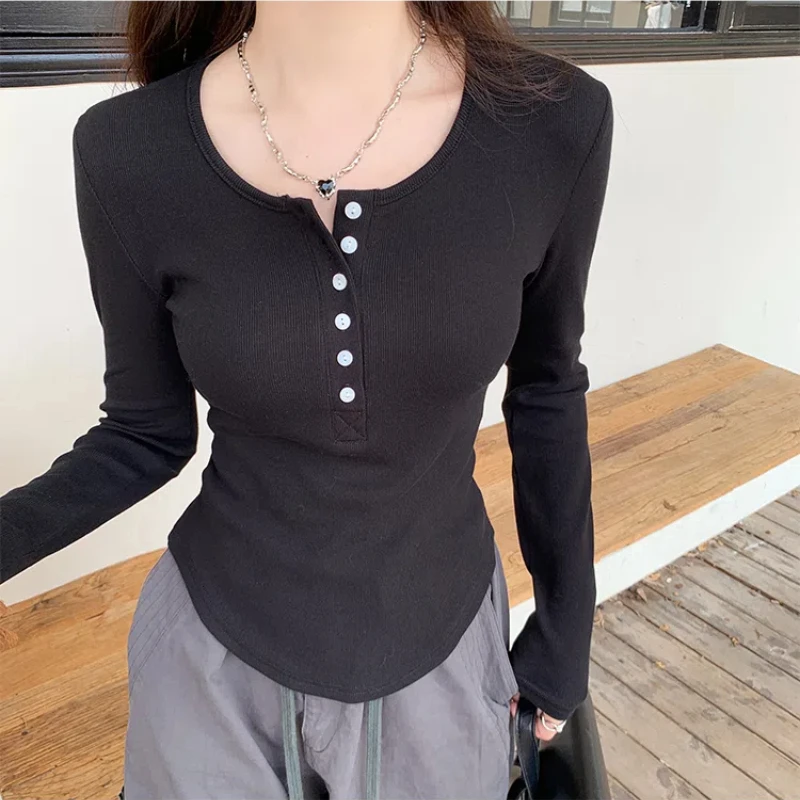 Однотонная Повседневная футболка на пуговицах с круглым вырезом и длинным