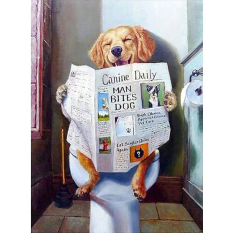 

Полный набор для алмазной живописи 5D, собака, газета для чтения на унитазе «сделай сам», Алмазная мозаика, вышивка крестиком, домашний декор