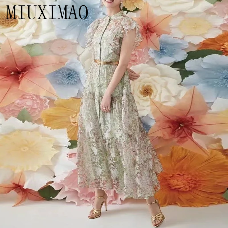 MIUXIMAO 2023 High Quality Spring&Summer Elegant Dress Short Sleeve Single Breasted Print Gauze Fashion Long Dress Women Vestide