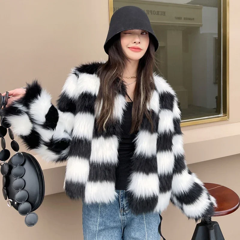 FANIECES черно-белое решетчатое женское пальто из искусственного меха элегантная