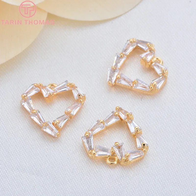 (1172) 4 шт. 11x12 мм 24-каратное золото латунь с цирконом подвески в форме сердца