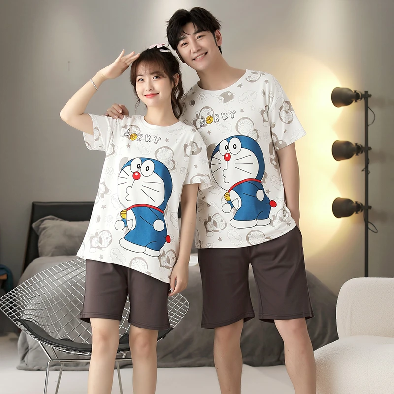 Couple Pajamas Sets Women Man Anime Doraemon Pijama Cotton Korean Men Sleepwear Short Sleeve Cute Lovers Women Nightwear