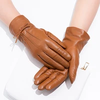 fashion genuine sheepskin leather gloves windproof thermal touch screen glove winter warm velvet lining bow mittens