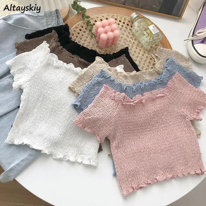 

Folds Solid Blouses Women Korean Style Slash Neck Crop Tops Slim Summer All-match Simple Fashion Blusas Mujer New Sweet Popular