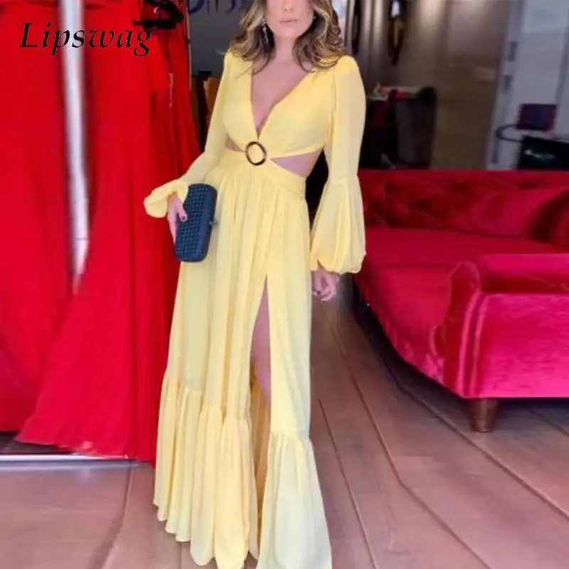 

2023 Casual Ruffle Pleated Long Dress Fashion Hollow Long Sleeve Waisted Split Dress Summer Women V Neck Solid Color Maxi Dress