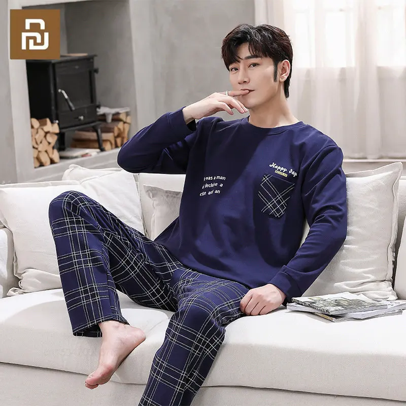 

Пижама Xiaomi мужская хлопковая с длинным рукавом, домашняя одежда для отдыха, клетчатые штаны, свободная одежда для сна, одежда для сна, весна-осень