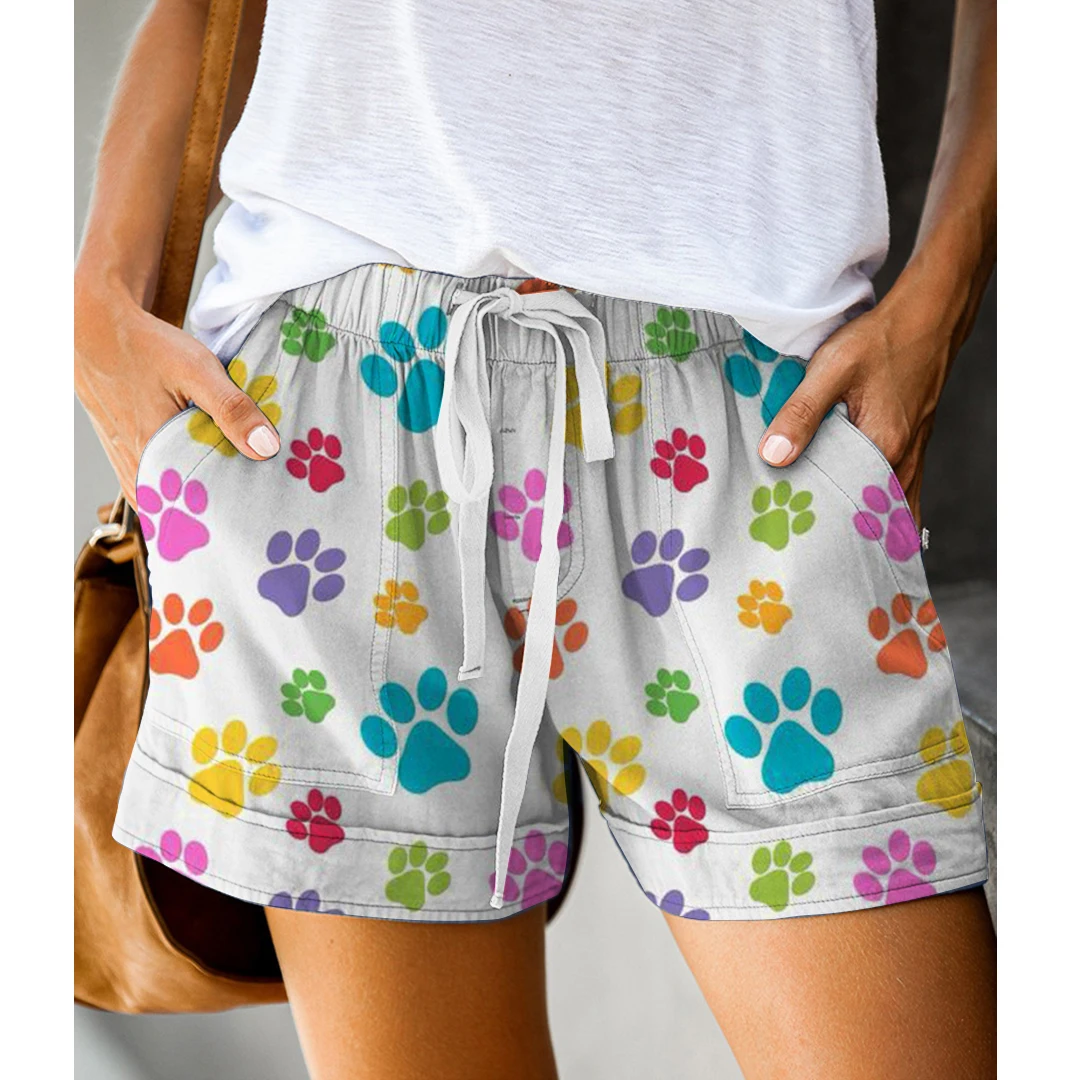 Summer Elastic Waist Loose Casual Pants Simple Drawstring Pockets Homewear Shorts Women Animal Paw Print Ladies Trousers