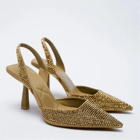 women heels brand luxury rhinestone za heels party dress shoes crystal blue gold black heels sandals slingback shoes women pumps