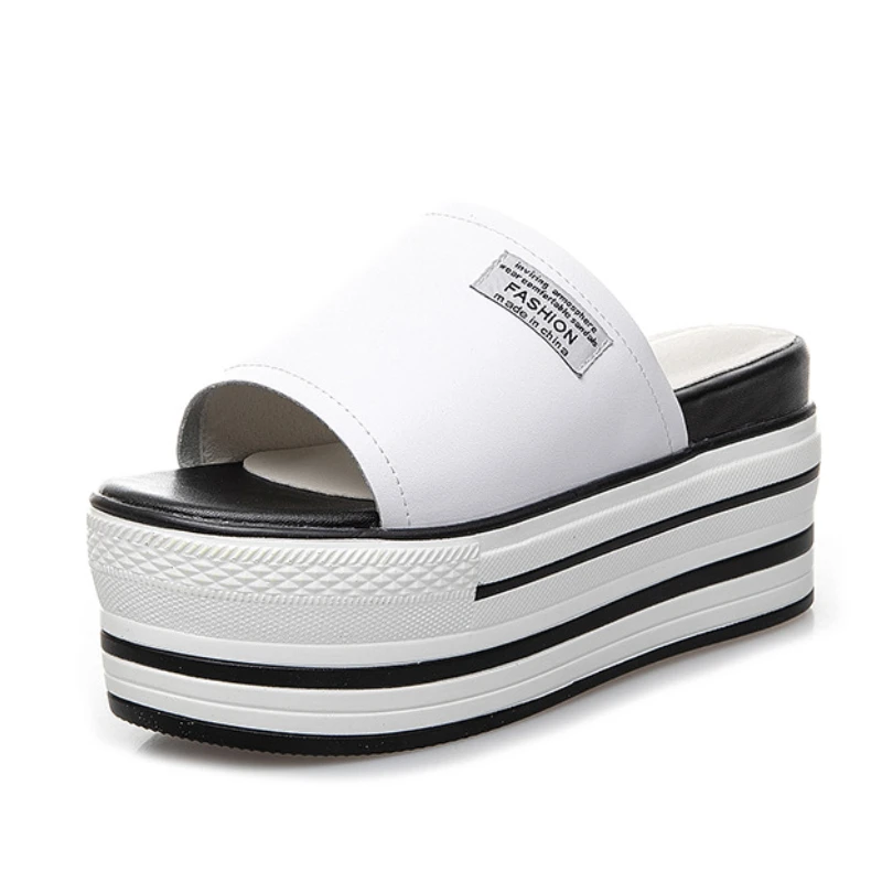 

9cm Genuine Leather Women Shoes Slippers Summer Platform Wedge Sandals Shoes Mules High Heel Comfy Summer Shoes
