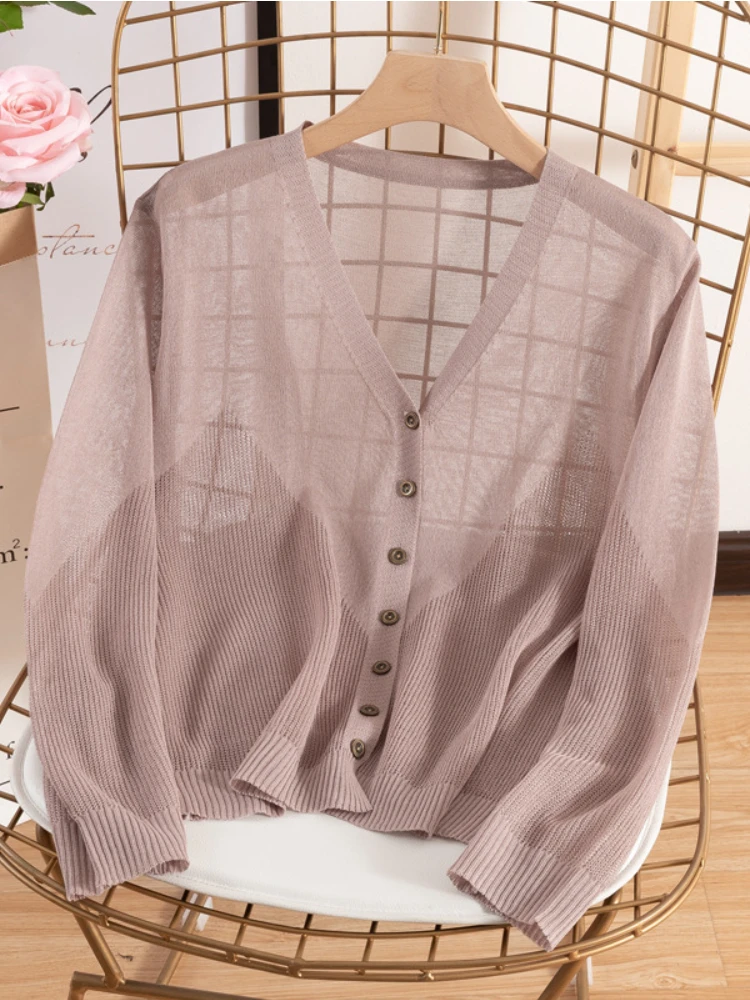 

Summer New V-neck Hollowed-out Ice Silk Linen Long-sleeved Sunscreen Cardigan Women's Solid Color Loose Thin Coat Tops